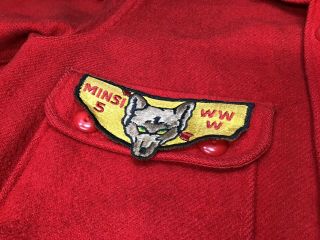 Vintage Official Boy Scouts Red Wool Jacket w/ OA Minsi Lodge 5 Wolf Patches 5