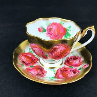 Vintage Queen Anne England Cabbage Roses Heavy Gold Cup Saucer 5076