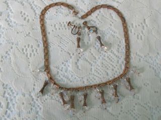 Antique Victorian Brass Book Chain Choker Necklace Earrings Aurora Borealis Bead