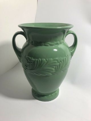 Vintage Abingdon Pottery Green Vase Dual Handled Classic Form Usa 10 " Tall