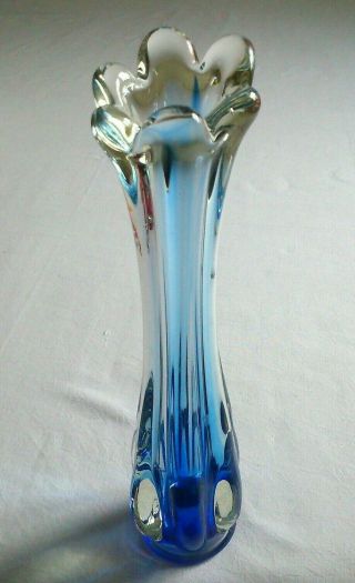 Murano Lovely Vintage Tall Ruffle - Rim Blue And Clear Art - Glass Bud Stem Vase