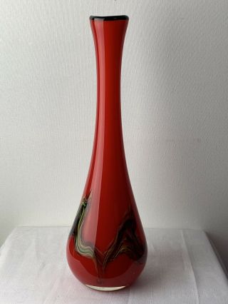 Vtg Blown Cased Art Glass Vase Red W/ Molted Swirls Black Yellow Green Mcm Gift