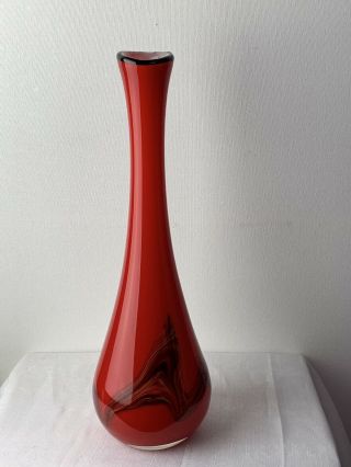 Vtg Blown Cased Art Glass Vase Red W/ Molted Swirls Black Yellow Green Mcm Gift 2
