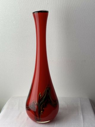 Vtg Blown Cased Art Glass Vase Red W/ Molted Swirls Black Yellow Green Mcm Gift 3