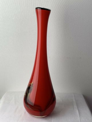 Vtg Blown Cased Art Glass Vase Red W/ Molted Swirls Black Yellow Green Mcm Gift 4