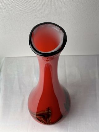 Vtg Blown Cased Art Glass Vase Red W/ Molted Swirls Black Yellow Green Mcm Gift 5