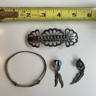 Vtg Turquoise Sterling Silver Hair Barrette Earrings & Bracelet,  Navajo Style