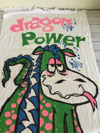 Vintage 60 70s Dragon Power Beach Towel Magic Green Blue Pink Terry Cloth