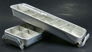 2 Vintage Frigidaire Quickube Aluminum 14 Ice Cube Trays - Handle Action Breaker 4