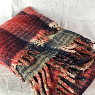 Vintage Wool Blanket Red Blue Plaid Fringe Picnic Bedding Throw