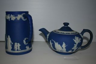 Wedgwood Jasperware Pitcher Dark Blue 6 " Jasper Ware & Teapot Vintage Rare