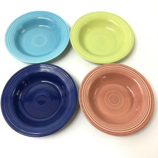 Set Of 4 Vintage Fiesta Ware Deep Plate Rimmed Soup Bowls Blue Rose Chartreuse