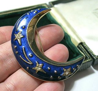 Vintage Large Signed Sapphire Blue Enamel Crystal Crescent Moon Star Brooch Pin