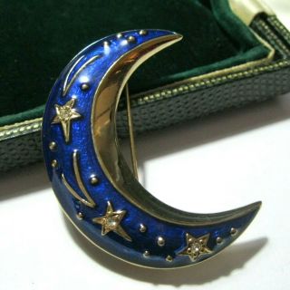 Vintage Large Signed Sapphire Blue Enamel Crystal CRESCENT MOON Star BROOCH Pin 3