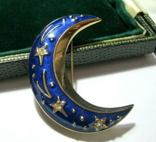 Vintage Large Signed Sapphire Blue Enamel Crystal CRESCENT MOON Star BROOCH Pin 4