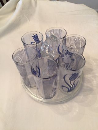 6 Vintage Blue Flower Drinking Glass Set With Glass Carrier