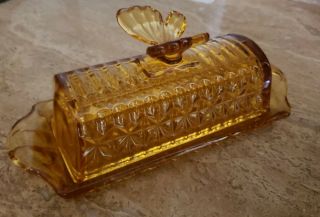 Vintage Circleware Amber Cut Glass Butterfly Butter Dish Covered Depression Ware