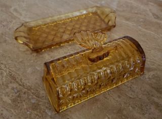 Vintage Circleware Amber Cut Glass Butterfly Butter Dish Covered Depression Ware 5