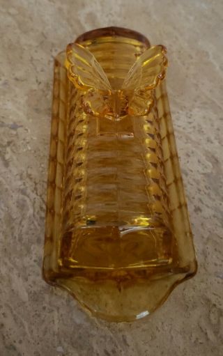 Vintage Circleware Amber Cut Glass Butterfly Butter Dish Covered Depression Ware 7