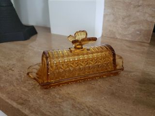 Vintage Circleware Amber Cut Glass Butterfly Butter Dish Covered Depression Ware 8