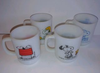 4 Vtg Fire King Anchor Hocking Snoopy Milk Glass Mugs Quotes Collector 