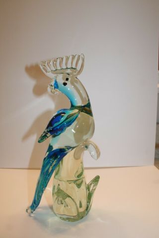 Vintage Murano Art Glass Hand Blown Blue Cockatoo 12 " High