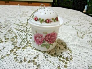 Vintage Kaiser Porcelain Tea Strainer W/chain 3 " X 2 - 1/4 " Pink Roses -