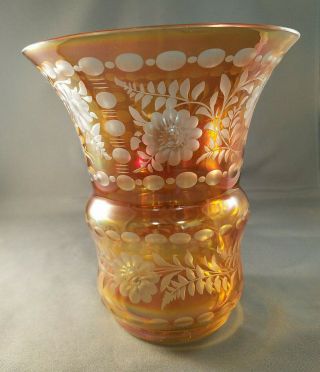 Vintage Marigold Carnival To Clear Etched Vase
