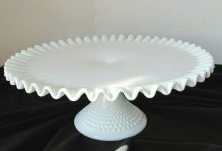 Vintage White Milk Glass Hobnail Pedestal Cake Plate Stand Lace/ruffled Edge 12 "