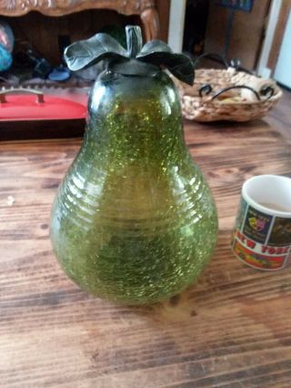 Vintage Crackle Glass Pear Green Bronze Top Shelf Decor Fruit