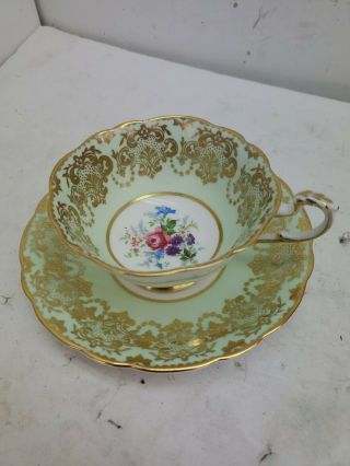 Vintage Paragon Teacup & Saucer Green Gilt Gold Rose - England
