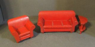 Vintage Miniature Doll House Red Wooden Mid Century Couch Chair Table