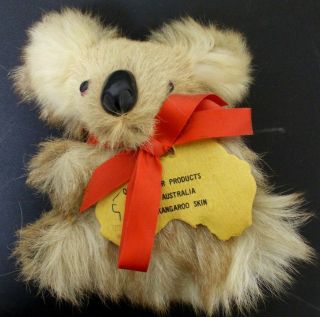 Vintage 5 " Real Kangaroo Fur/skin Koala Bear,  Made In Australia,  Red Bow,  Small