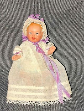 Vintage Artisan Miniature Dollhouse Bisque Jointed Baby Doll In Gown W/ Bonnet