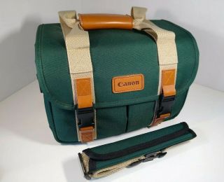 Canon Vintage Rare Camera Lens Bag Green & Tan Nylon Case With Shoulder Strap