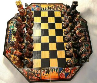 Vintage 32 Piece Ceramic Hand - Painted Chess Set With Wooden Box