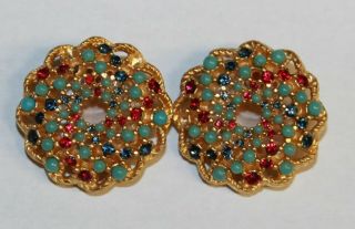 Signed Sarah Coventry Cluster Clip On Earrings Rhinestone Gold Tone Blue Red Vtg