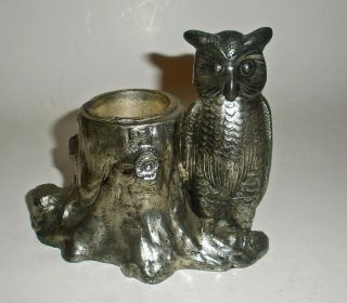 Unusual Vintage Silverplate Figural Owl On A Tree Stump Lighter & Match Holder