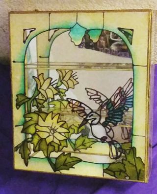 Vtg Glass/brass Countertop Curio Display Case W Faux Stained Glass Hummingbird