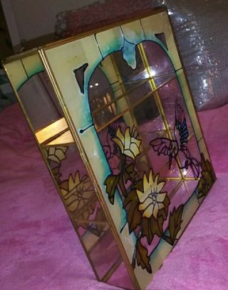 VTG GLASS/BRASS COUNTERTOP CURIO DISPLAY CASE W FAUX STAINED GLASS HUMMINGBIRD 3