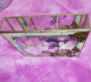 VTG GLASS/BRASS COUNTERTOP CURIO DISPLAY CASE W FAUX STAINED GLASS HUMMINGBIRD 4