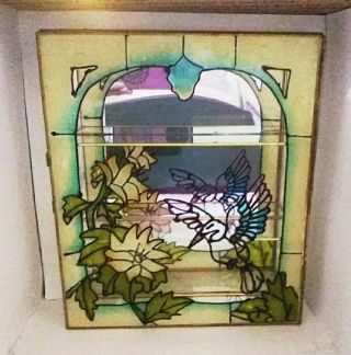 VTG GLASS/BRASS COUNTERTOP CURIO DISPLAY CASE W FAUX STAINED GLASS HUMMINGBIRD 5