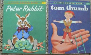 2 Vintage Little Golden Books Peter Rabbit,  Tom Thumb " A " 1st Editions