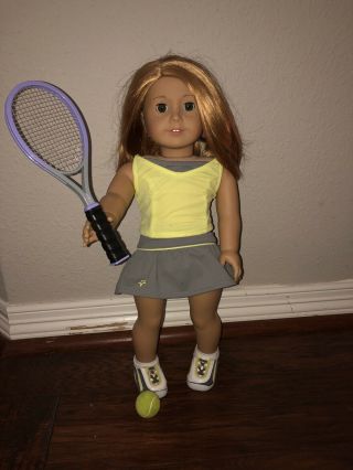 American Girl Doll With Tennis Outfit And Hat.  Green Eyes & Strawberry Blonde