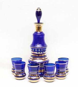 Vintage Bohemian Decanter Set With 6 Glasses Cobalt Blue Gold Trim