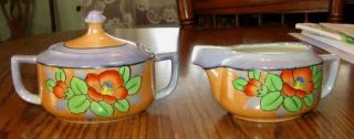Vintage Peach Lusterware Japan Hand Painted Flowers Creamer & Sugar Bowl & Lid