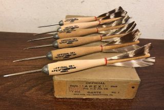 Vintage Darts Official No 1 Apex Darts Set Of 6 Dark Turkey Feather W Box