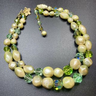 Signed Vendome Vintage Necklace Choker 15” Peridot Faceted Glass Beads Gold Tone