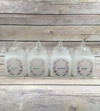 Vintage Set Of 4 Glass Apothecary Jars Canisters Pink Blue Nipples Boric Cotton
