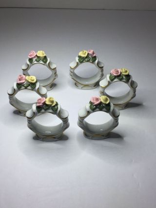 Vintage Germany Dresden Porcelain Gold Napkin Rings With Applied Roses